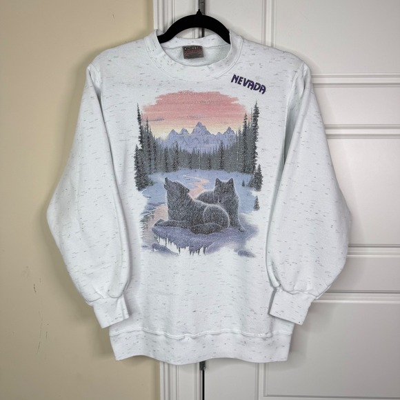 Vintage Nevada Wolf Sweatshirt Mens Small White 90s Nature Graphic Oneita 1990 - Picture 2 of 8